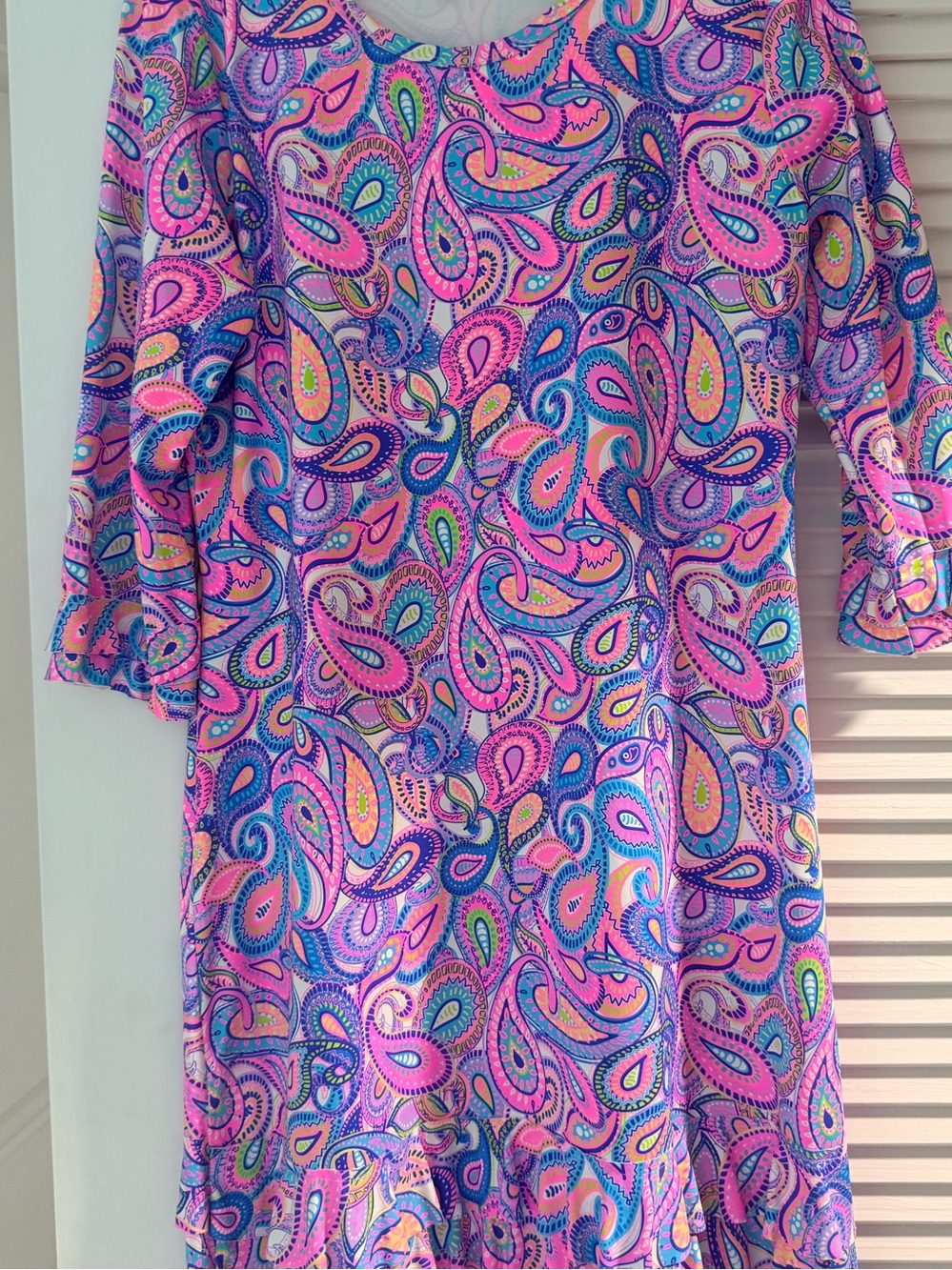 Lulu B Vibrant Pink Paisley Ruffle hem and 3/4 sleeve dress - SPF 50